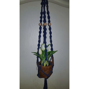 Rusztikus egyes makramé virágtartó, kék pamutfonalból, 100 cm