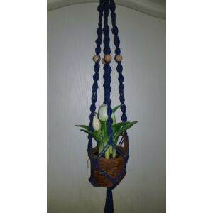 Rusztikus egyes makramé virágtartó, kék pamutfonalból, 100 cm