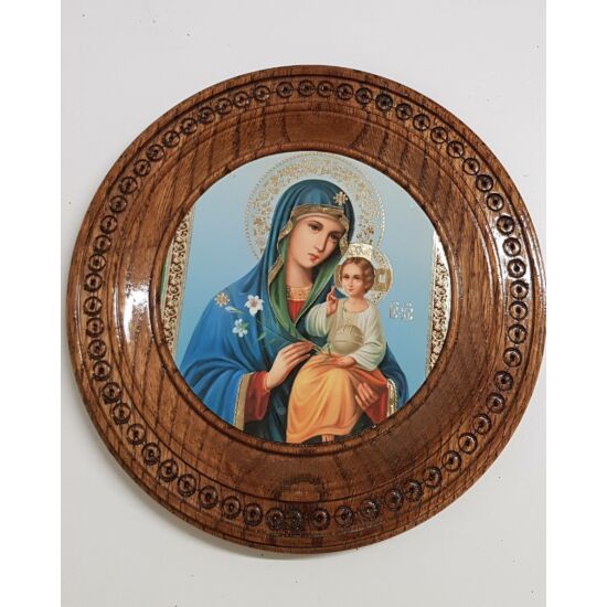 Jézus és Mária szentkép, kerek középbarna fatáblán - 23 cm 