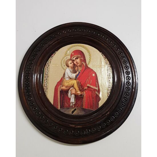 Jézus és Mária szentkép, kerek sötét fatáblán - 24 cm 