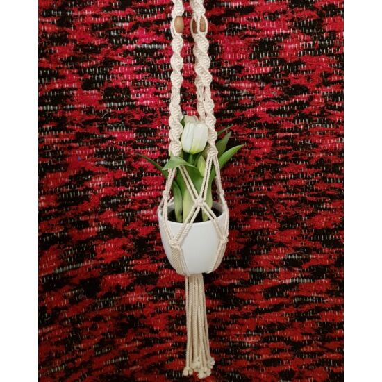 Rusztikus egyes makramé virágtartó, bézs pamutfonalból, 80 cm