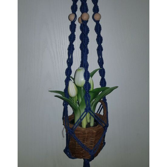 Rusztikus egyes makramé virágtartó, kék pamutfonalból, 80 cm