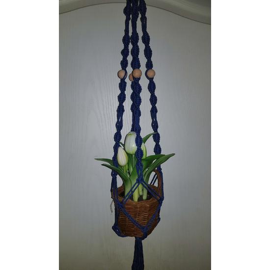 Rusztikus egyes makramé virágtartó, kék pamutfonalból, 100 cm