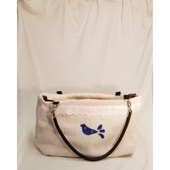 Kézműves női táska zsákvászonból – kékfestős madaras mintával
