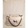 Kép 1/6 - Kézműves női táska zsákvászonból – kékfestős madaras mintával